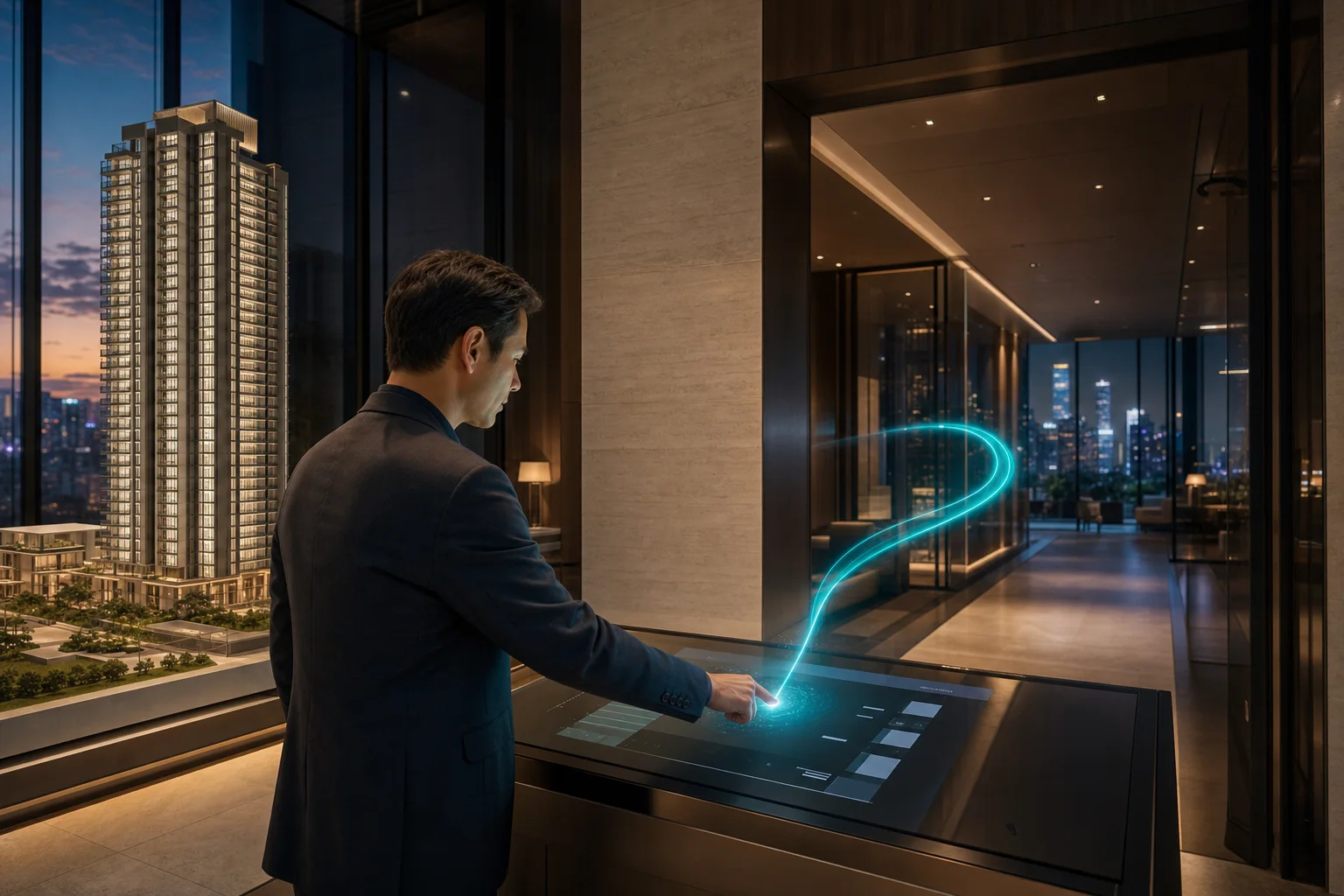 A prospective property buyer submits an inquiry on a glass display as a teal lead signal enters a luxury residential sales gallery.
